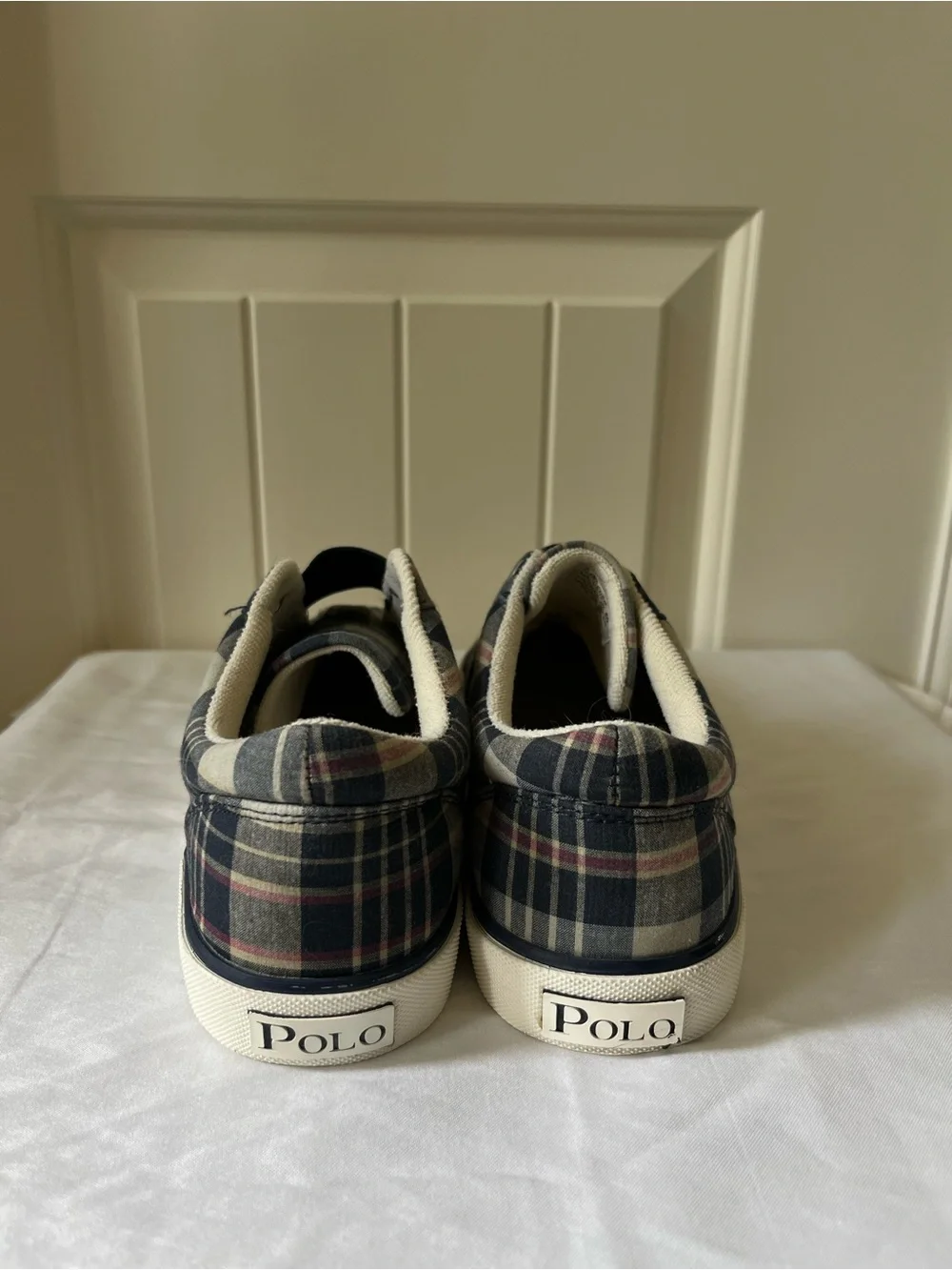 Polo by Ralph Lauren Men’s Plaid Slip-On Sneakers in Navy and Cream